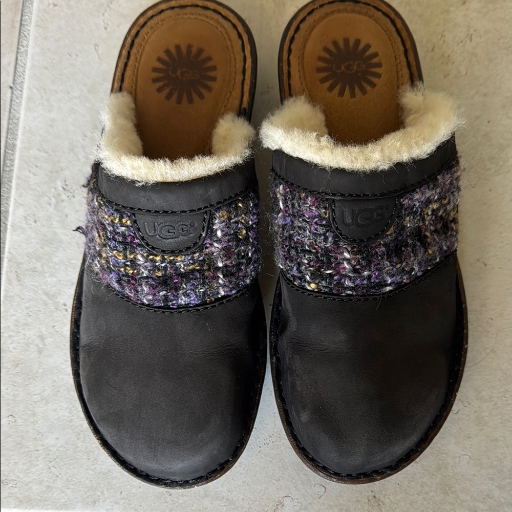 UGG Black and Purple Shearling Clogs